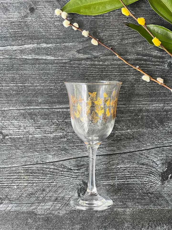 Set of 6 Wine Glasses Gold Little Butterflies