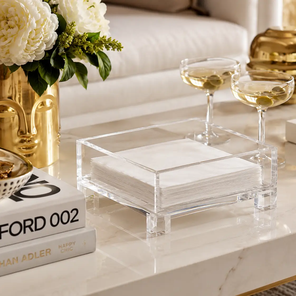 Clear Acrylic Cocktail Napkin Holder, Cube Feet