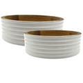Mango Wood Set of 2 Flat Bowls-Ribbed lines and white enamel outside