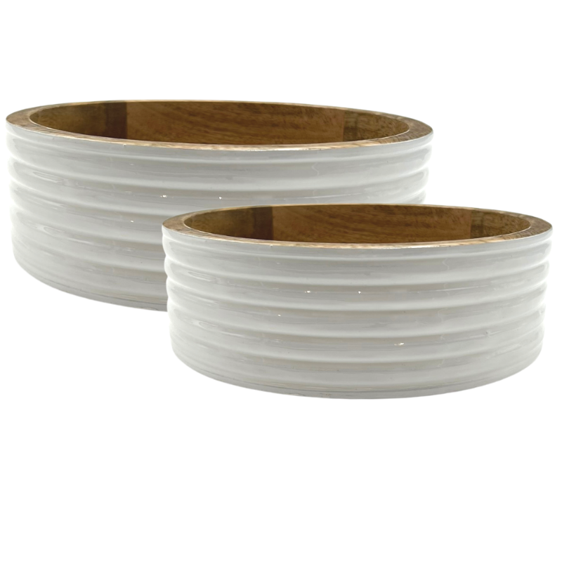 Mango Wood Set of 2 Flat Bowls-Ribbed lines and white enamel outside