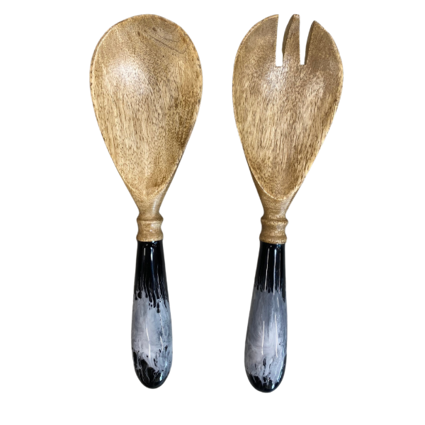 Mango Wood Salad Servers-Black/white, handpainted