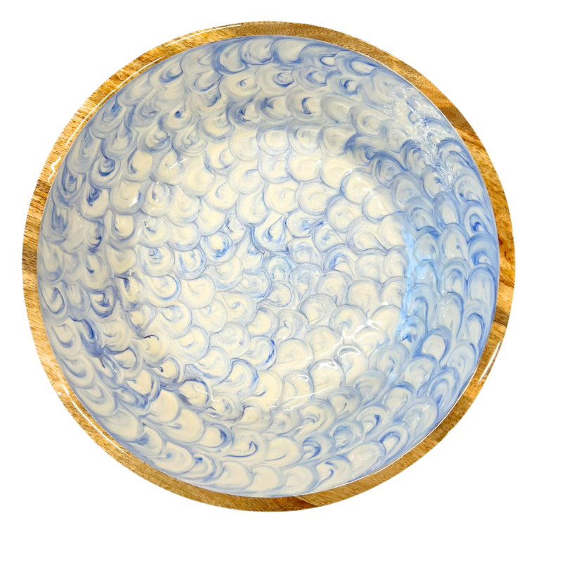 Mango Wood Large Bowl-Blue/white pearl mix