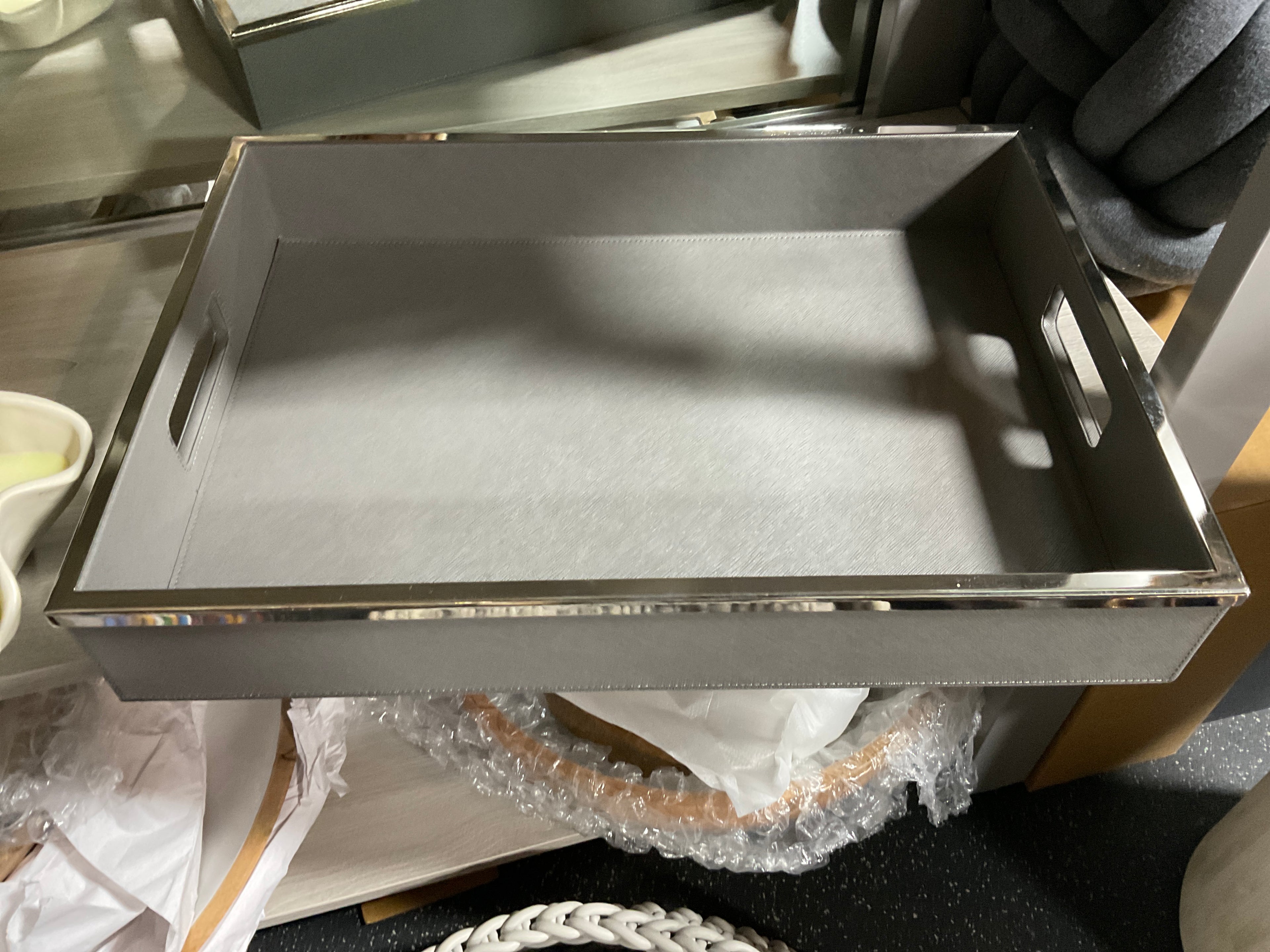 Madrid Faux Leather Tray with Silver Trim-Gray