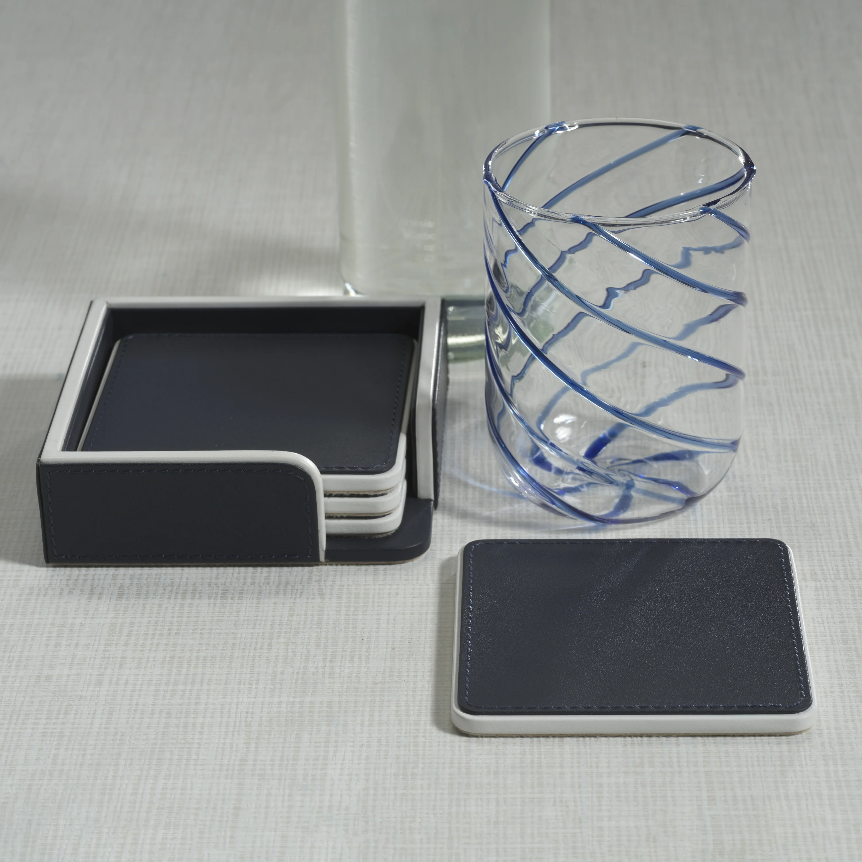 Nappa Leather Coasters on Tray - Set of 4 - Navy and White