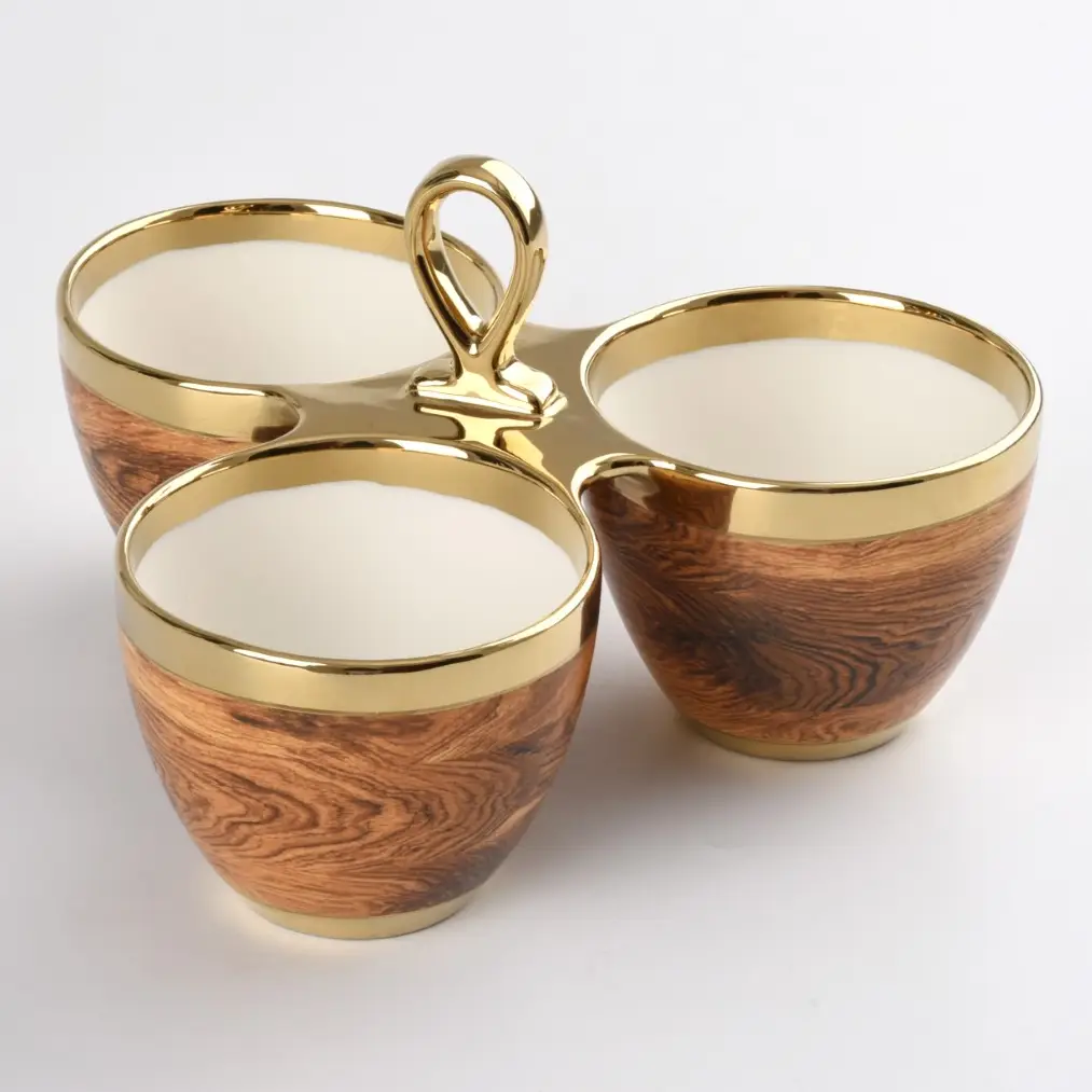 Wood/Gold/Porcelain 3 Part Server