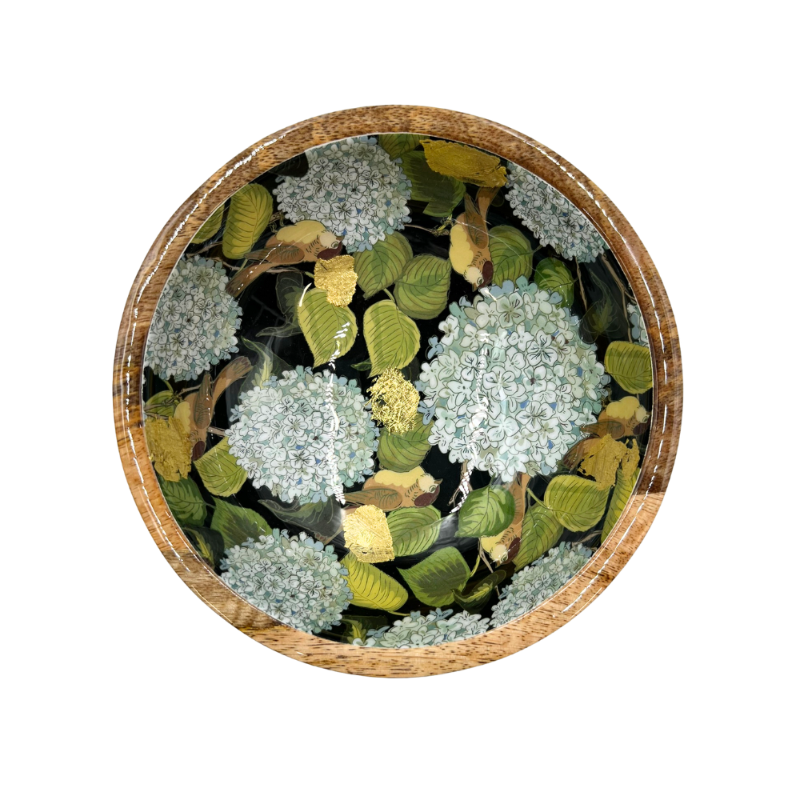 Mango Wood Small Bowl-Hydrangea blue/gold foil