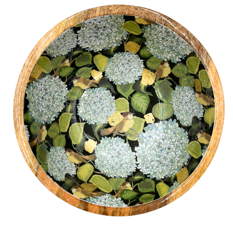 Mango Wood Medium Bowl-Hydrangea blue/gold foil