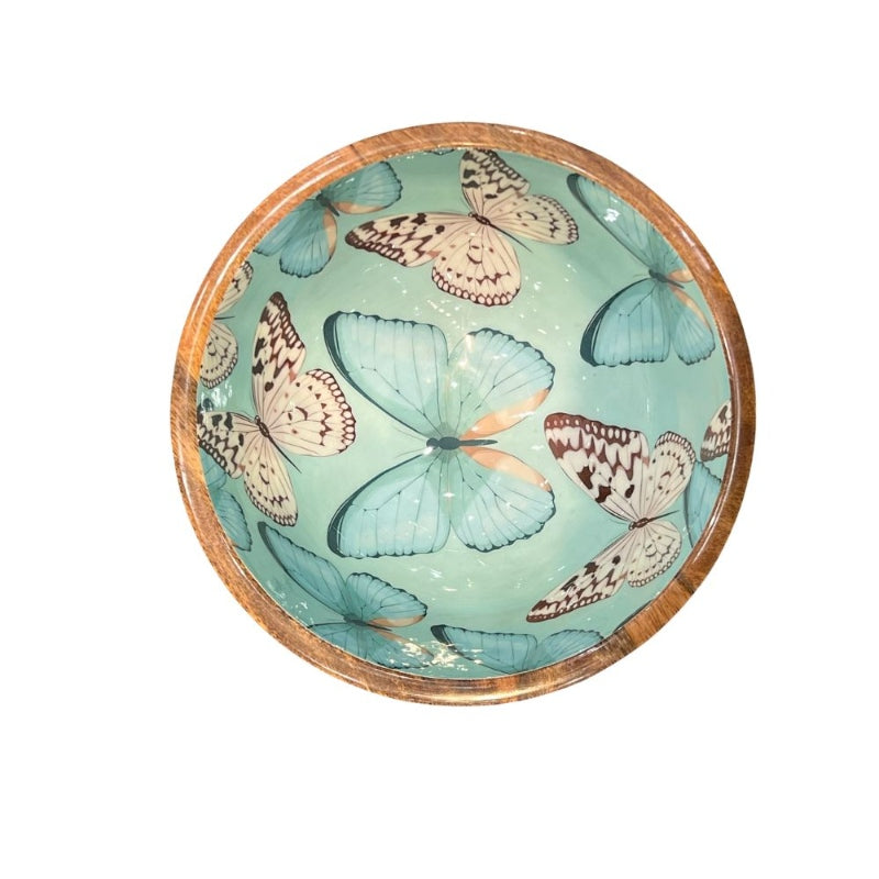 Mango Wood Small Bowl-Turquoise butterfly