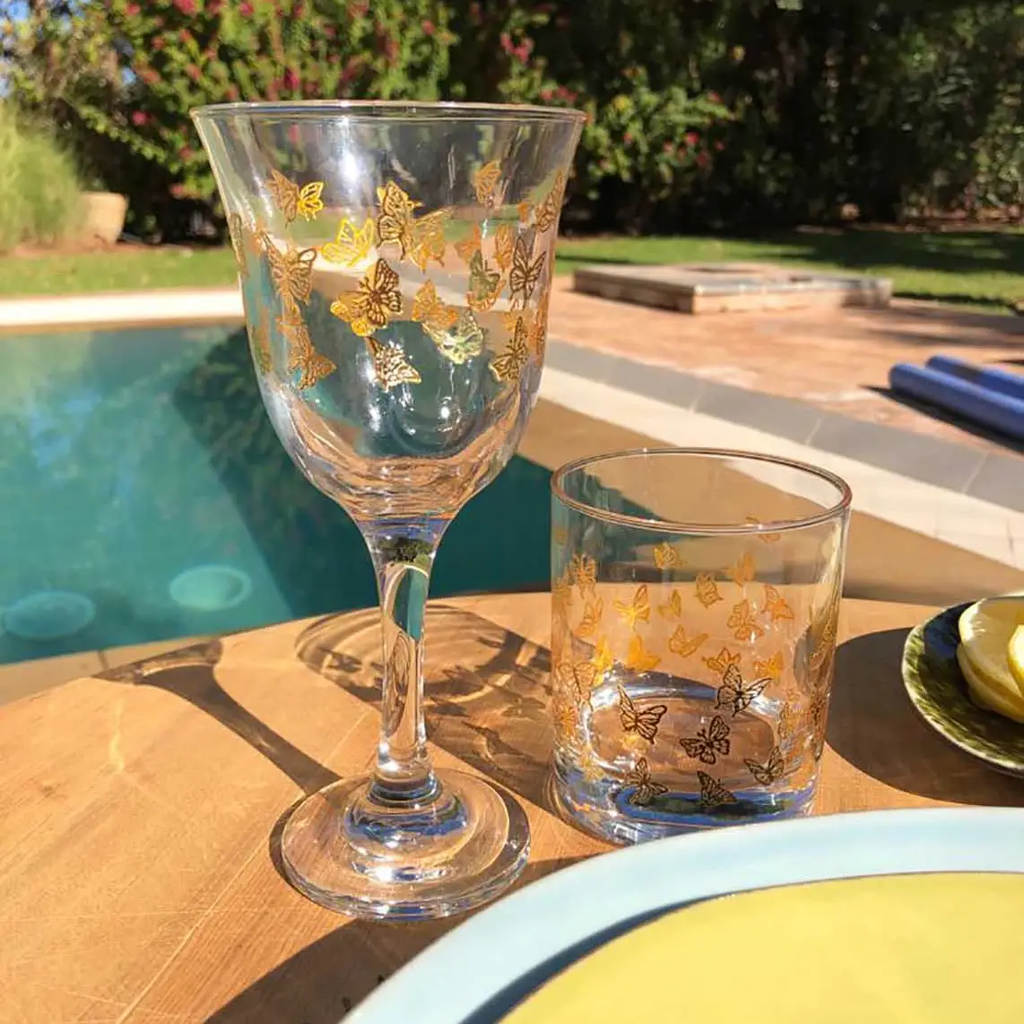 Set of 6 Wine Glasses Gold Little Butterflies