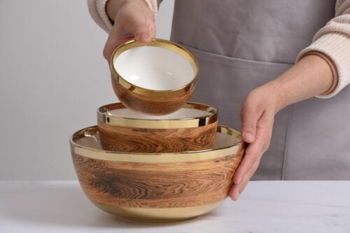 Wood/Gold/Porcelain Large Bowl