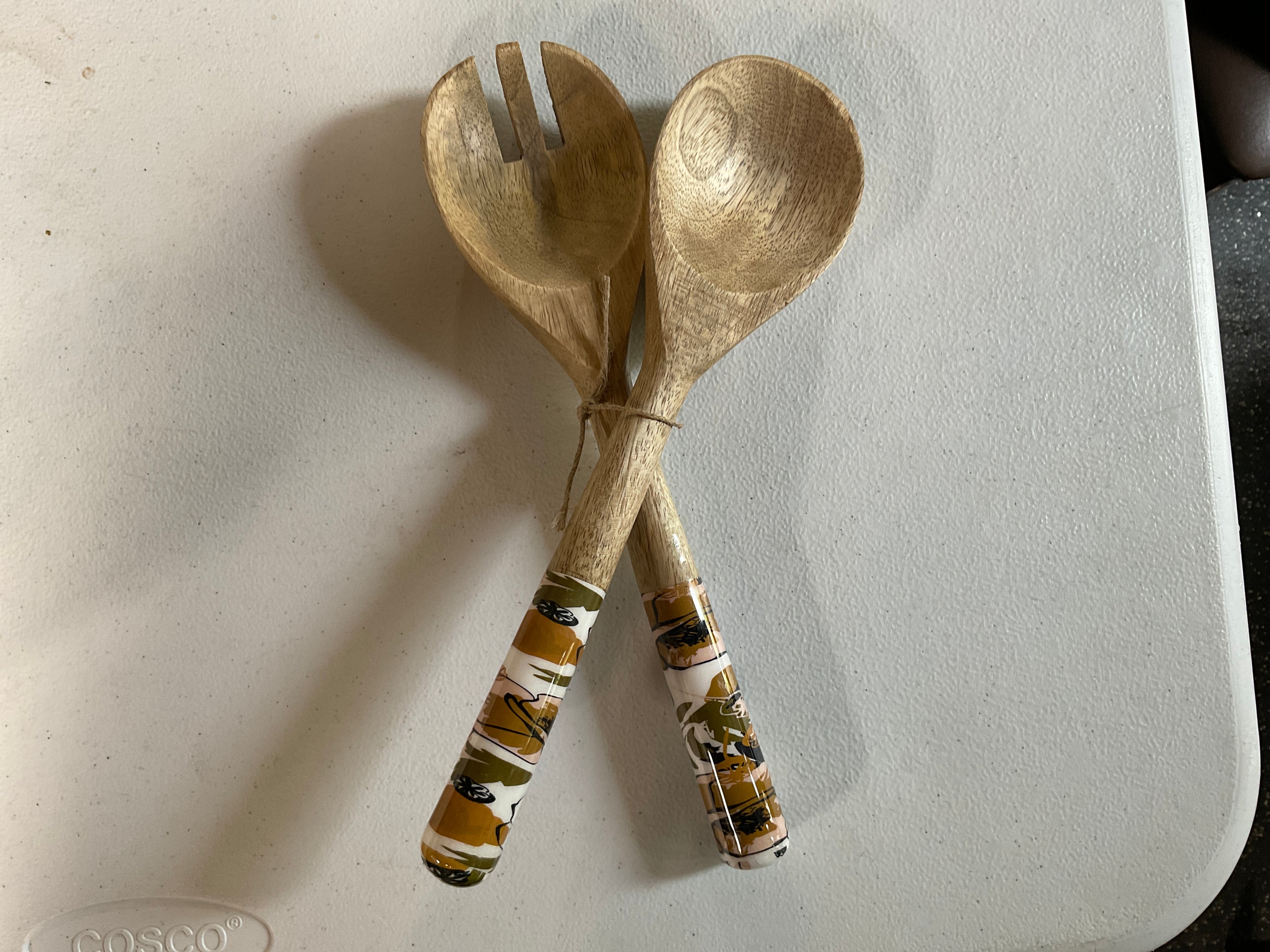 Mango Wood Salad Servers-Hydrangea Blue/gold foil