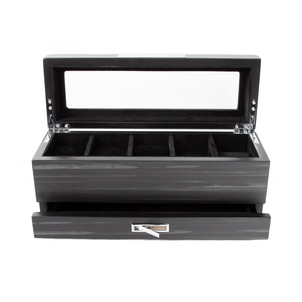 Matte Black 5-Slot Watch Box w/ Jewelry Tray