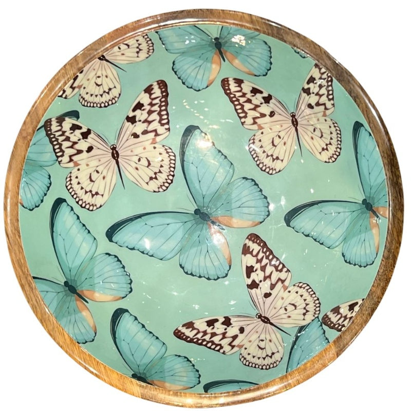 Mango Wood Large Bowl-Turquoise butterfly