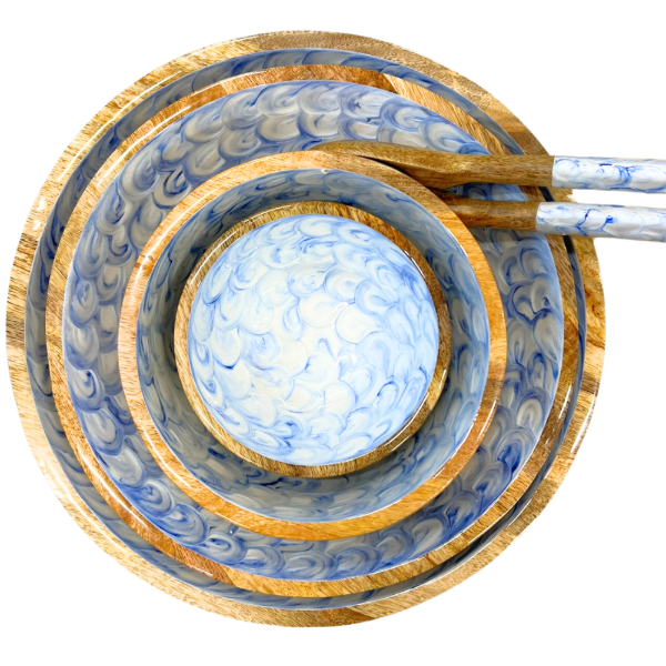 Mango Wood Medium Bowl-Blue/white pearl mix