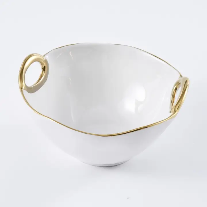 White and Gold Medium Bowl with Handles