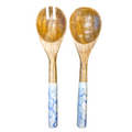 Mango Wood Salad Servers-Blue/white pearl mix