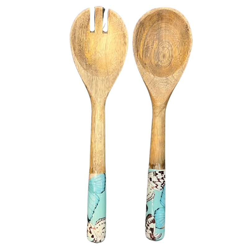 Mango Wood Salad Servers-Turquoise Butterfly