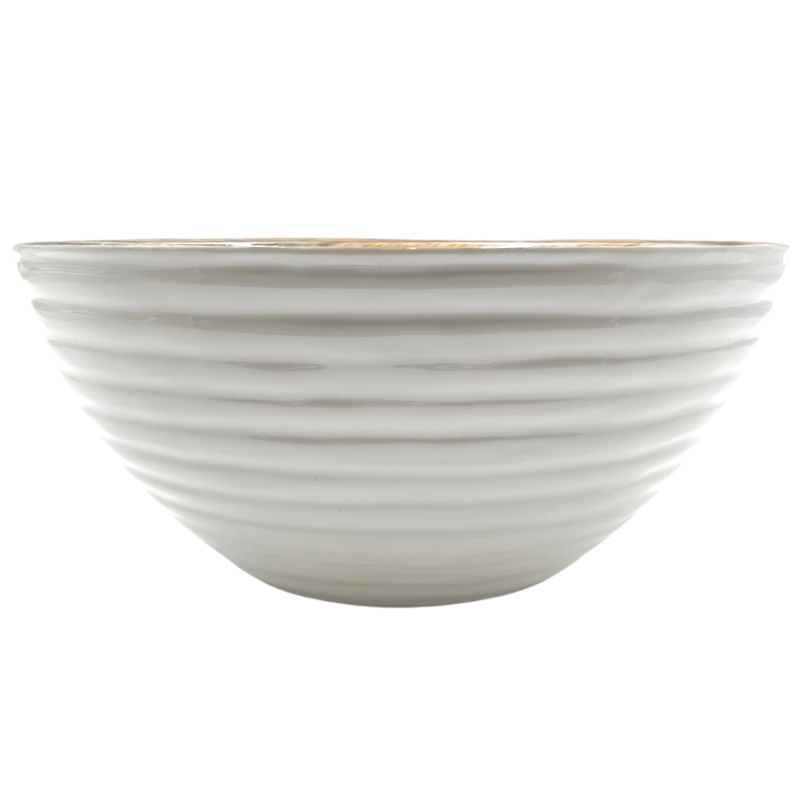 Mango Wood Medium Bowl 9.8 INCH-Ribbed lines and white enamel outside
