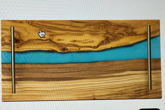 WALNUT TRAY W HANDLES BLUE